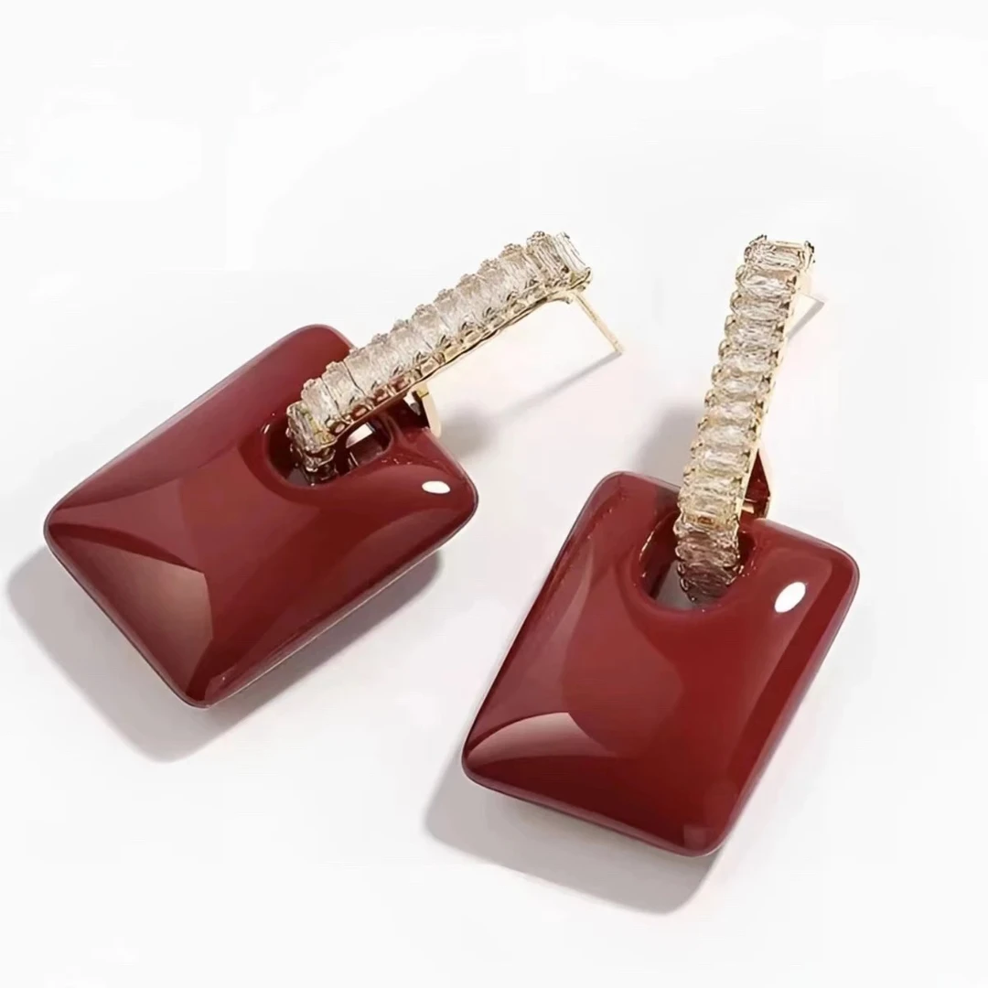 铜合金亚克力耳饰 【红色方糖】秋冬新款安哥拉红百搭国风耳环E3087