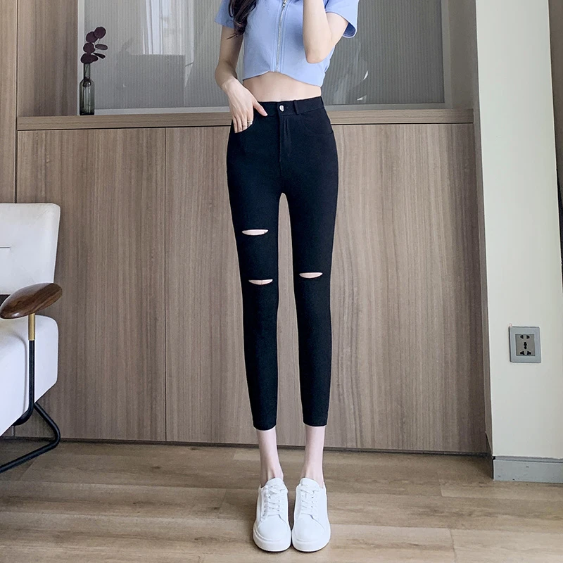 破洞打底裤女外穿春夏秋新款韩版高腰显瘦紧身小脚裤小个子八分裤