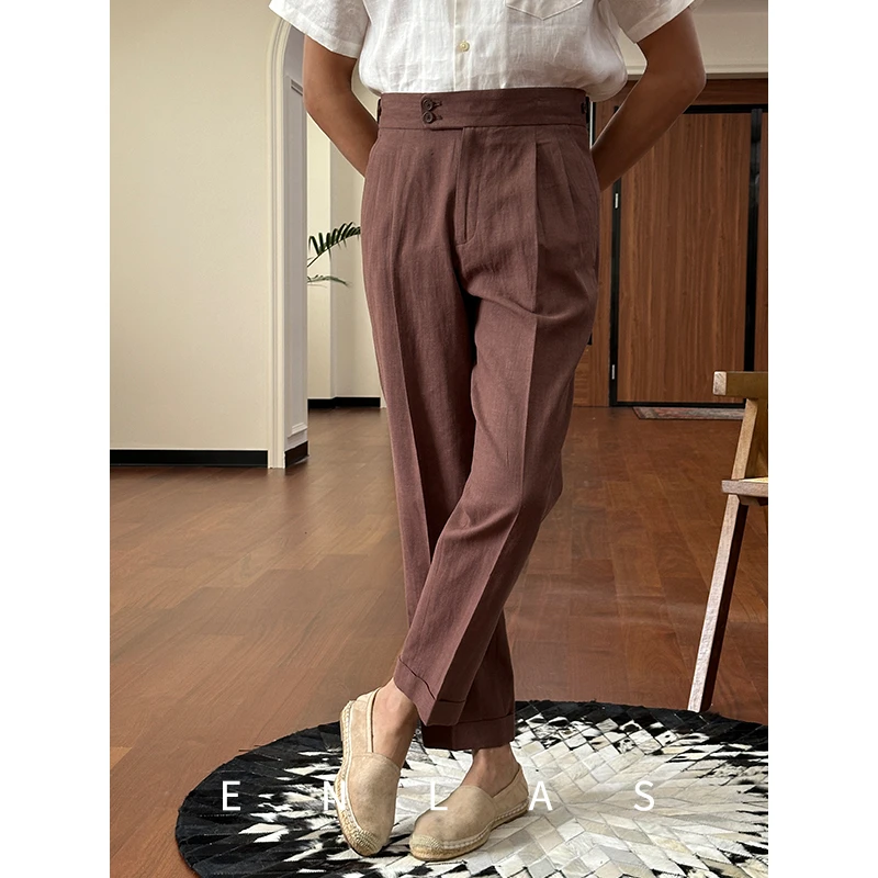 复古伦仕夏季透气舒适纽扣调节高腰裤日常休闲那不勒斯长西裤男潮