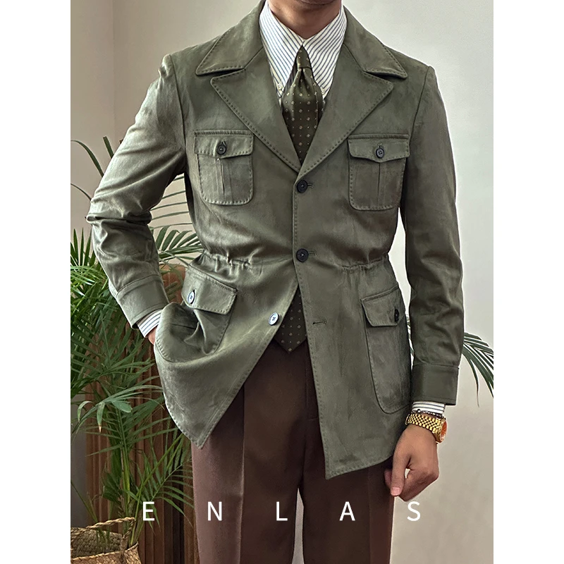 复古伦仕自制秋季意式休闲猎装夹克绅士复古戗驳领松紧腰外套男潮