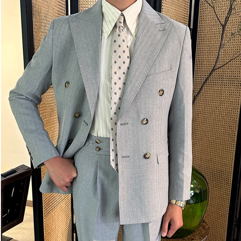 休闲大气修身双排扣条纹男士商务英伦西服外套单西装百搭通勤潮男