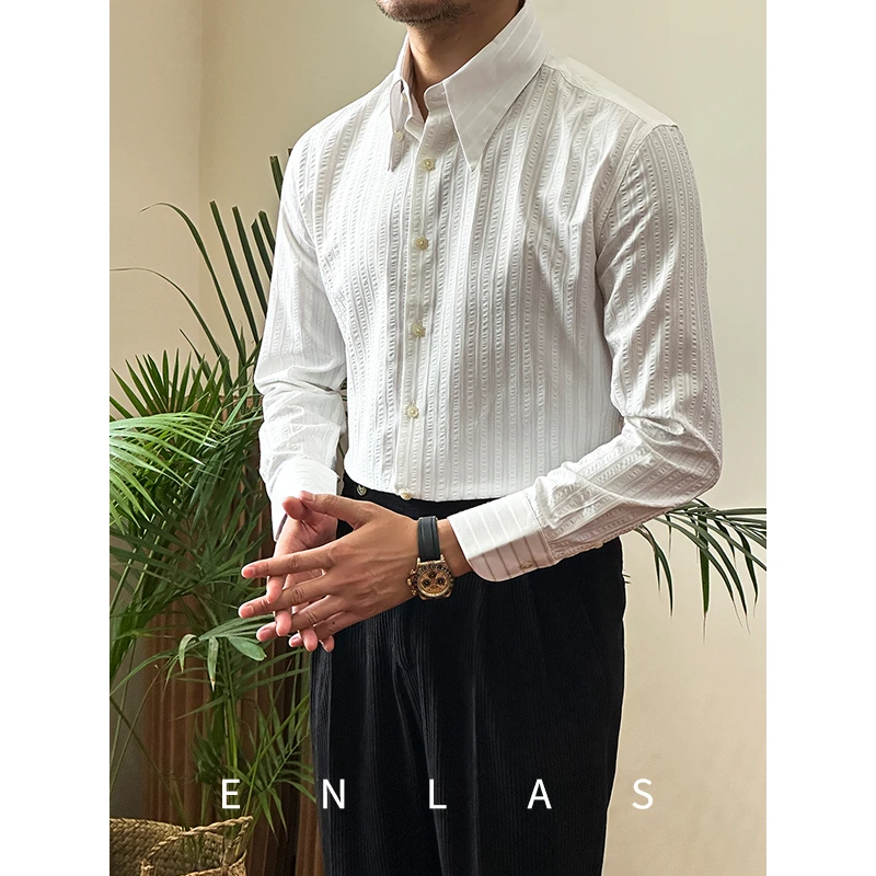 复古伦仕夏季薄款绅士意式尖领条纹衬衫日常休闲亲肤透气男衬衣潮