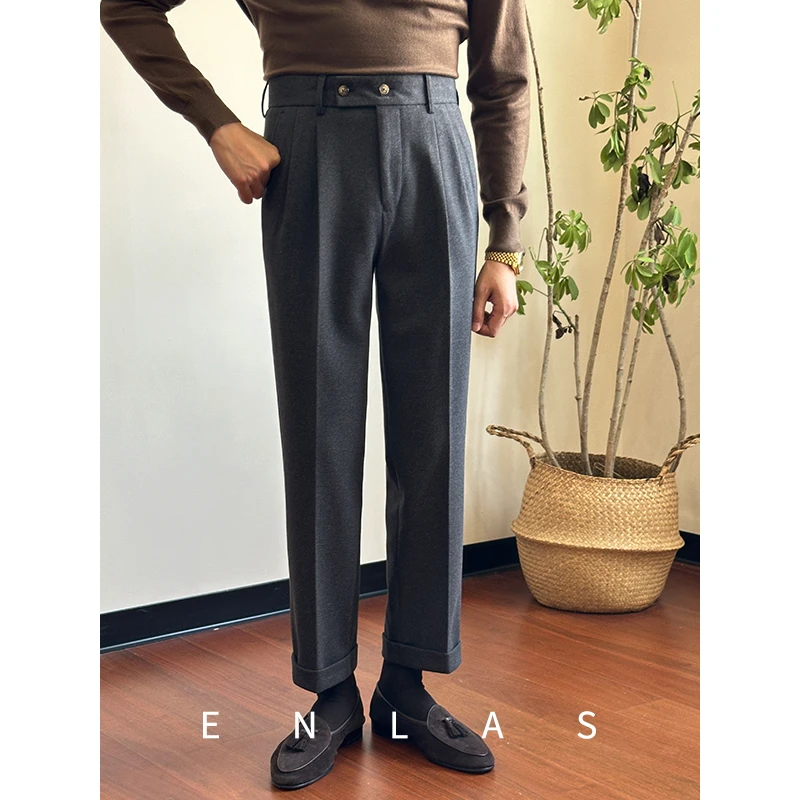 复古伦仕秋冬时尚休闲高腰直筒毛呢保暖西裤英伦复古百搭商务长裤