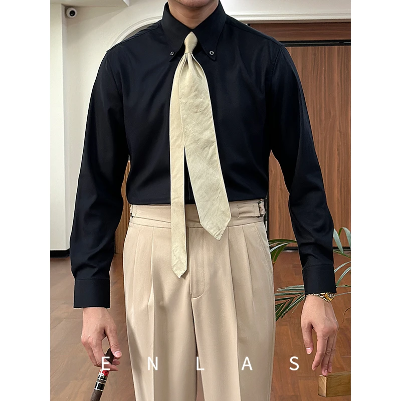 复古伦仕自制绅士复古英伦修身尖领衬衫商务休闲百搭免烫衬衣男秋