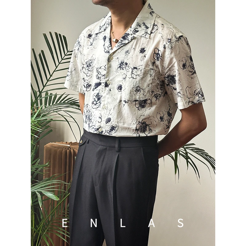 复古伦仕自制夏季纯棉古巴领短袖衬衫休闲百搭亲肤透气花衬衣男潮