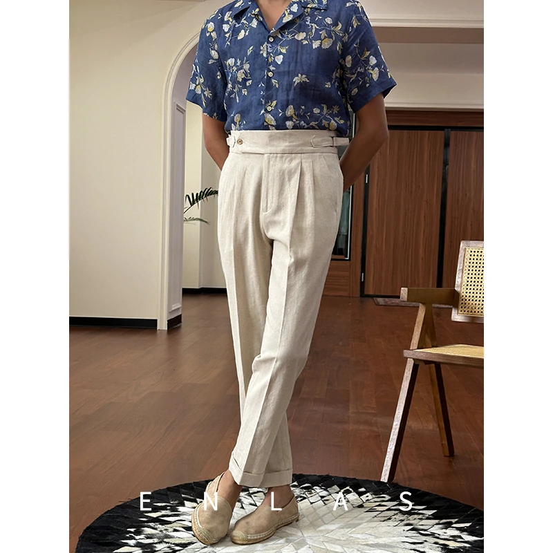 复古伦仕自制春夏时尚百搭高腰直筒西裤那不勒斯商务通勤长裤男潮