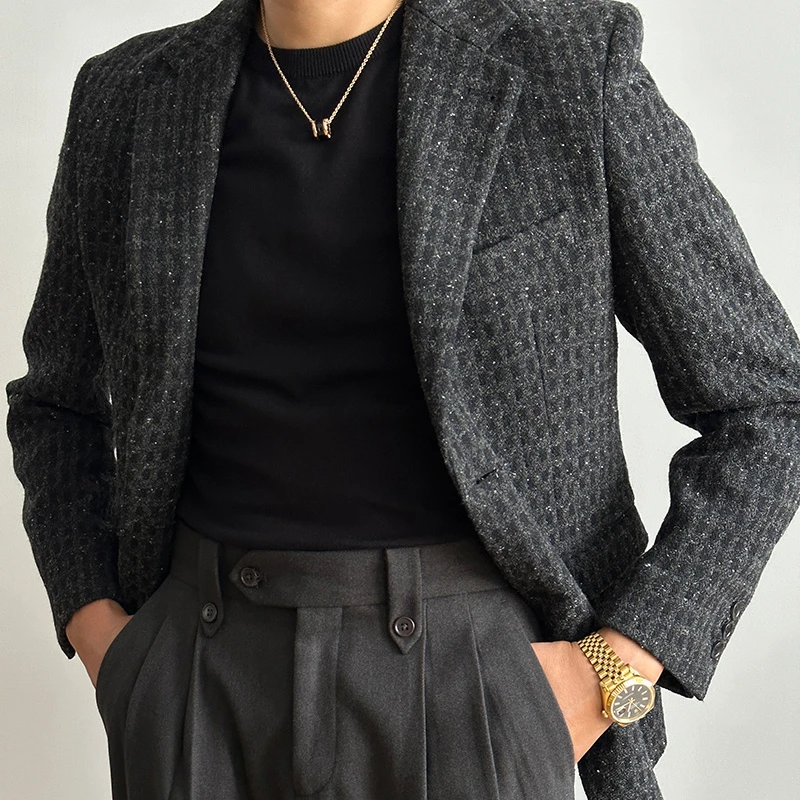 气质感绅士格纹羊毛呢西装外套秋冬厚款保暖单排扣西服百搭外套