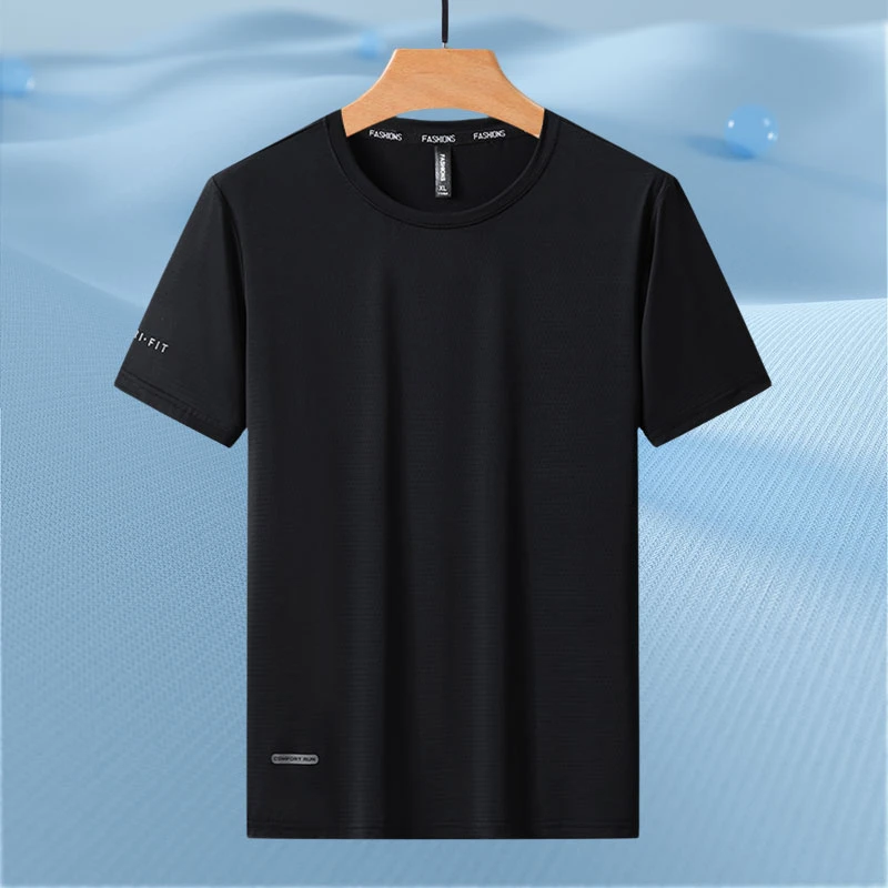 大码冰丝短袖老钱风运动圆领薄款短袖T恤高弹男装半袖男士宽松