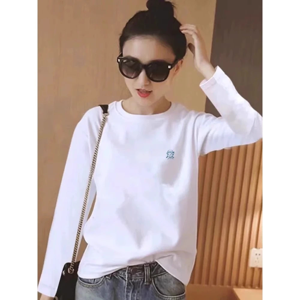 正肩白色纯棉长袖t恤女2025秋款韩版宽松圆领时尚内搭打底衫上衣