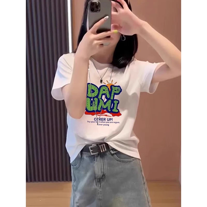 欧货白色印花纯棉短袖t恤女2025夏季款宽松圆领时尚学生体恤上衣