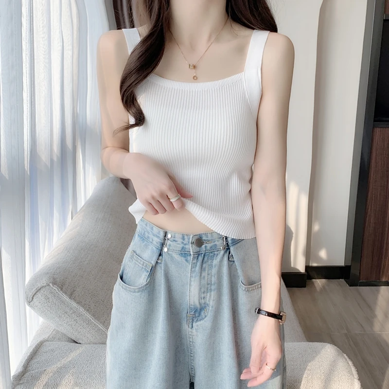 白色针织吊带背心女内搭打底夏外穿修身短袖时尚休闲冰丝无袖上衣