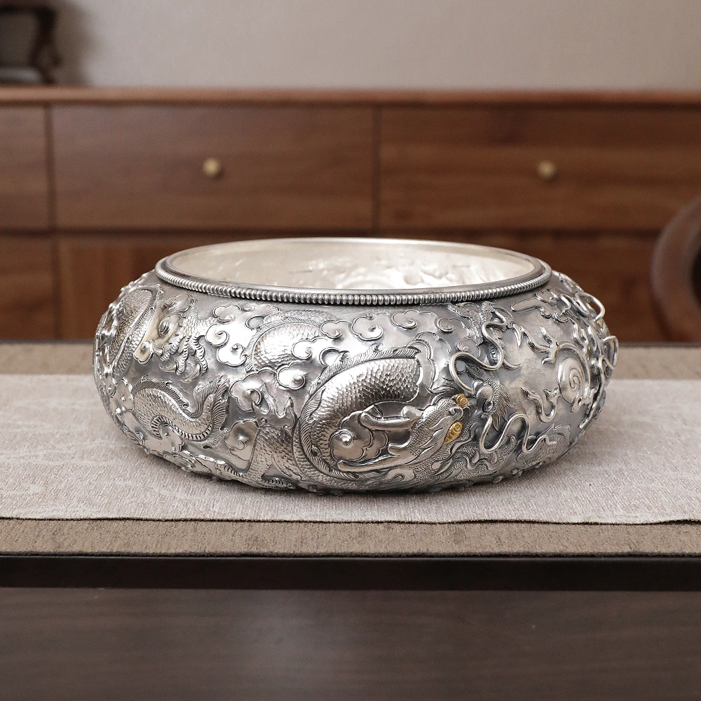 滇庆堂 浮雕飞龙茶洗银器茶具足银999赏藏两用【名家原创设计款】
