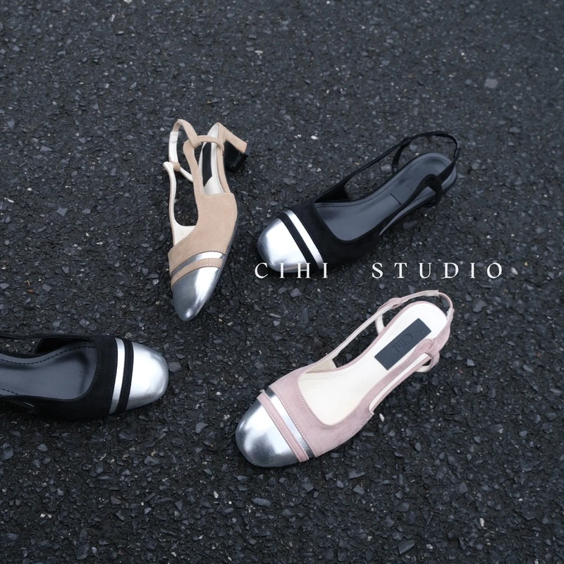 5-453-以夢為馬-拼接中跟后挂带圆头单鞋香风拼接后挂带！！