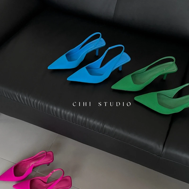 5-358-春韵别初-法式包头高跟凉鞋，原單绸缎面巨显白款