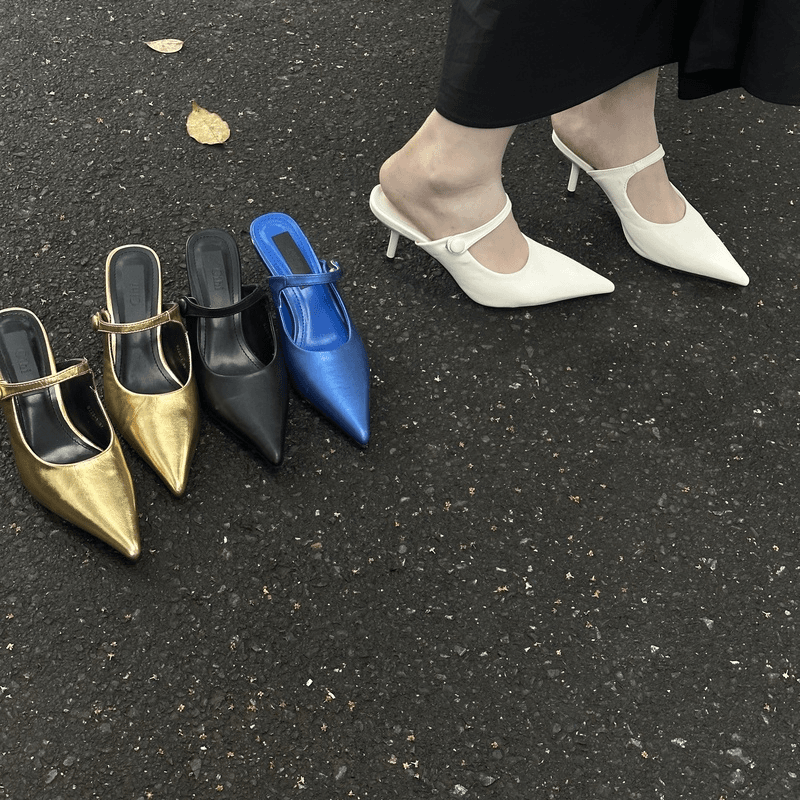 5-372语苏-尖头仙女性感春新款包头纽扣半拖鞋细高跟鞋！！