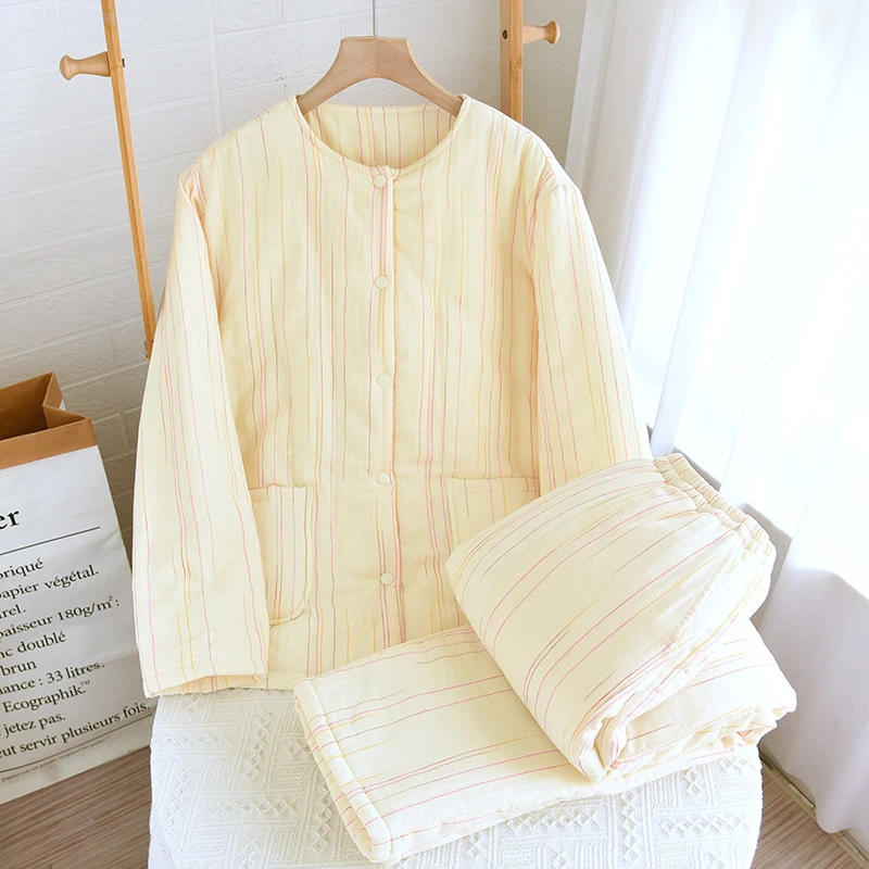 24七彩双层纱全棉棉服三层夹棉加厚保暖可外穿家居服睡衣女套装