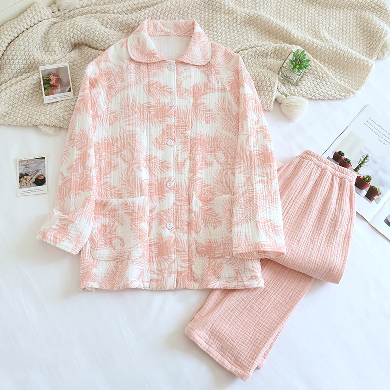 春秋冬新款家居服加厚四层棉纱睡衣女套装高级感宽松纯棉长袖长裤