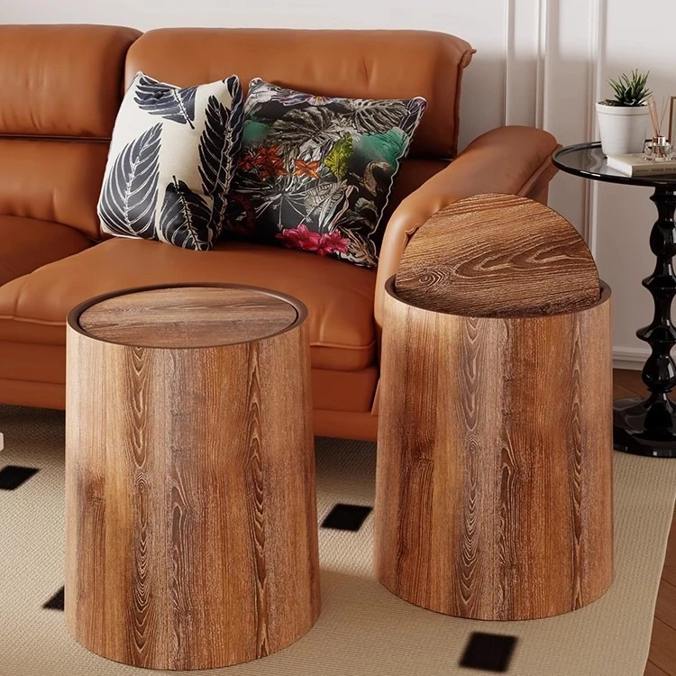 复古仿木纹垃圾桶家用客厅厨房卫生间新中式纸篓翻盖酒店办公室商