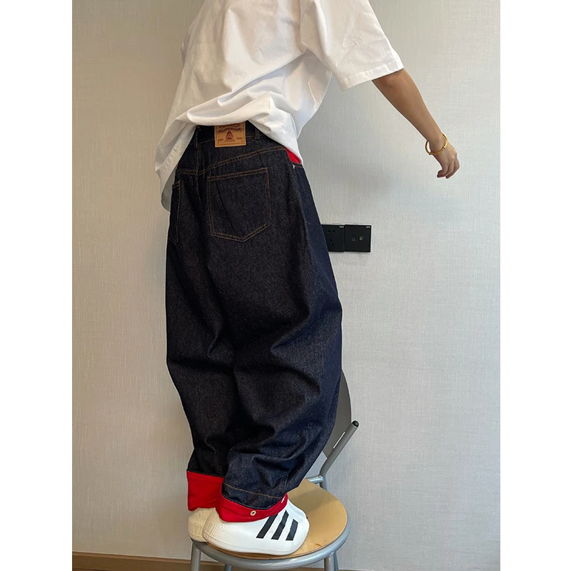 dannyandzee秋季百搭水洗复古红蓝撞色翻边设计廓形牛仔裤SW342