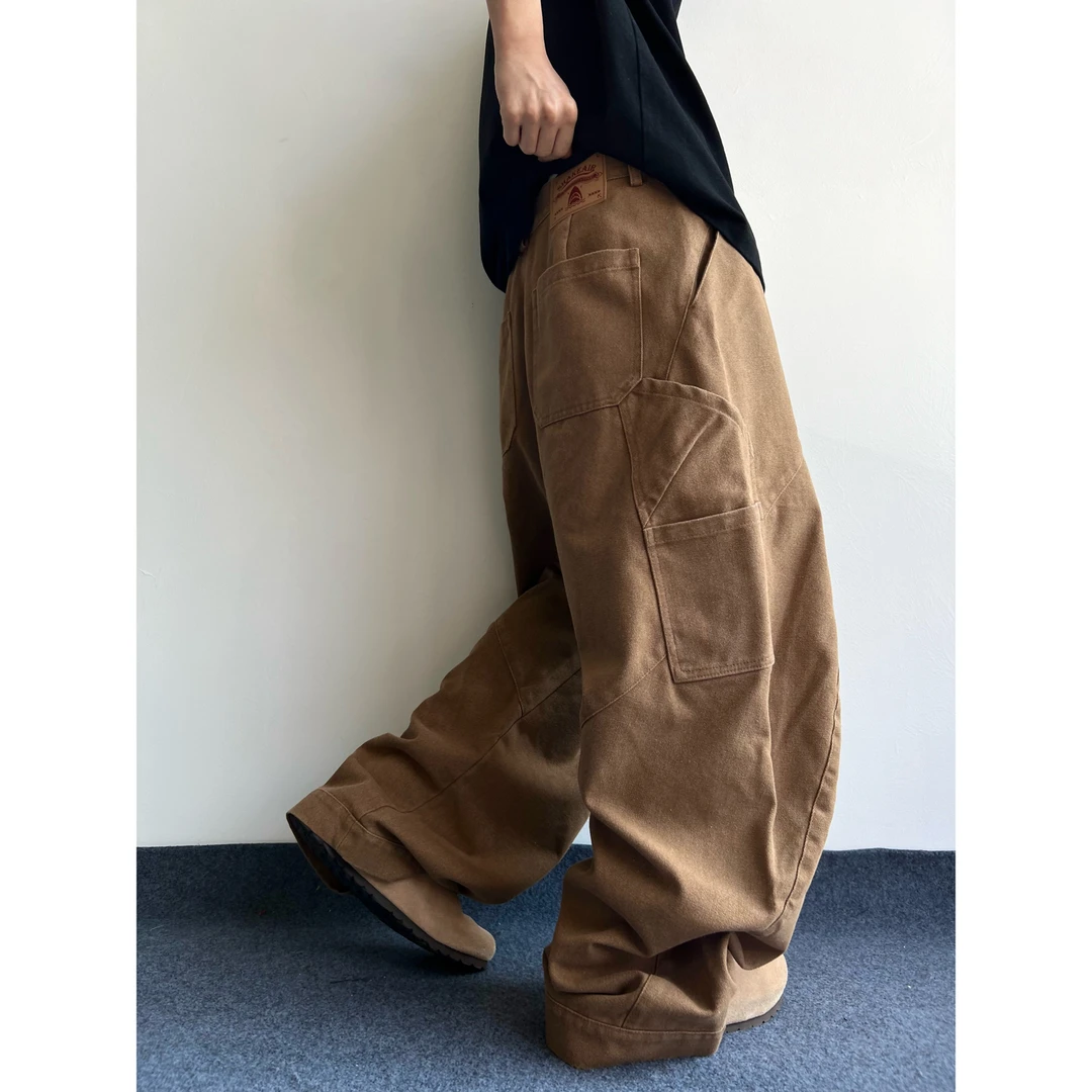 dannyandzee春季百搭复古卡其色重工重水洗珠帆弯刀裤长裤SW533