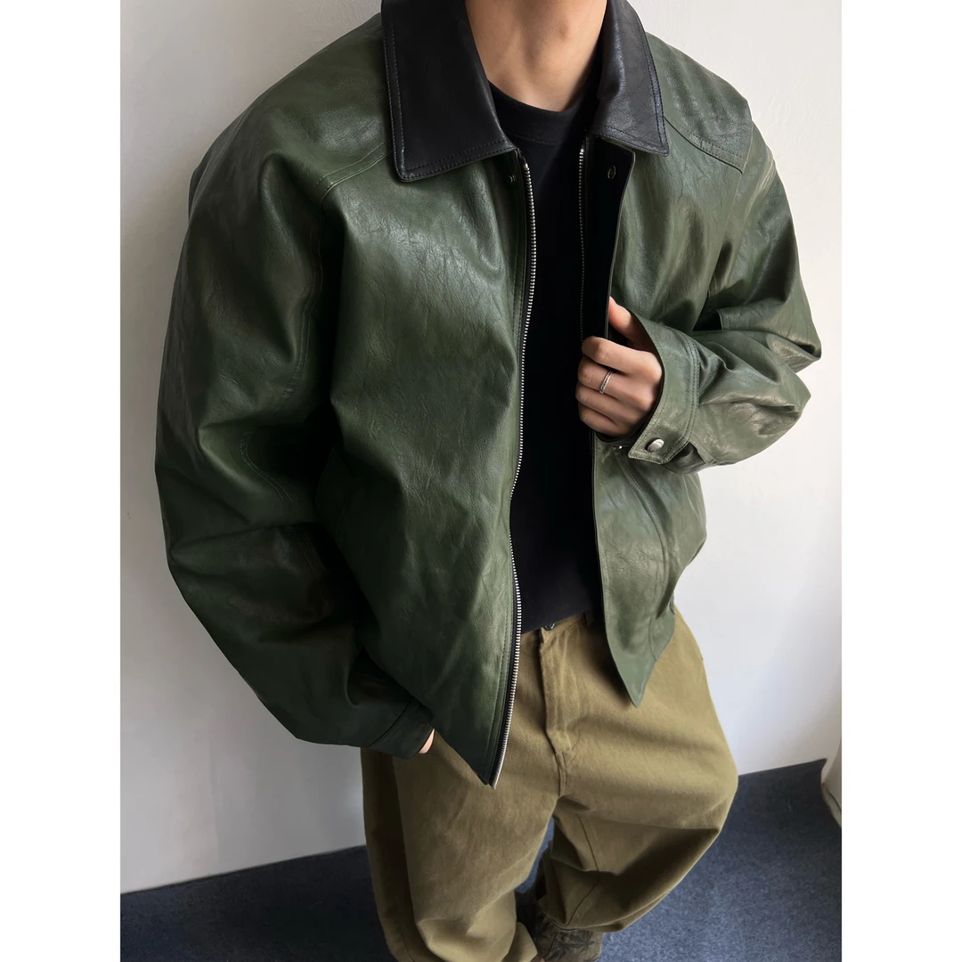 dannyandzee秋冬百搭复古重工暗军绿色拼接PU皮棉衣夹克外套SW607