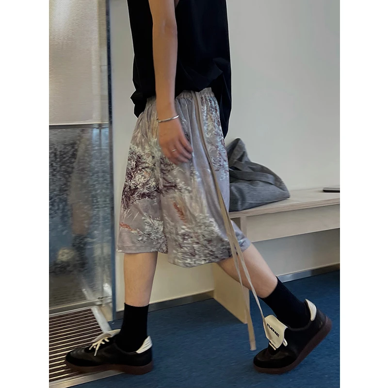 dannyandzee夏季复古个性街头痞帅飘带垂感花卉短裤五分裤SW445