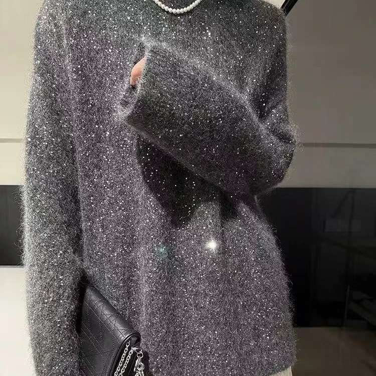 秋冬高级感宽松慵懒风星河亮片毛衫保暖洋气软糯马海毛套头上衣女