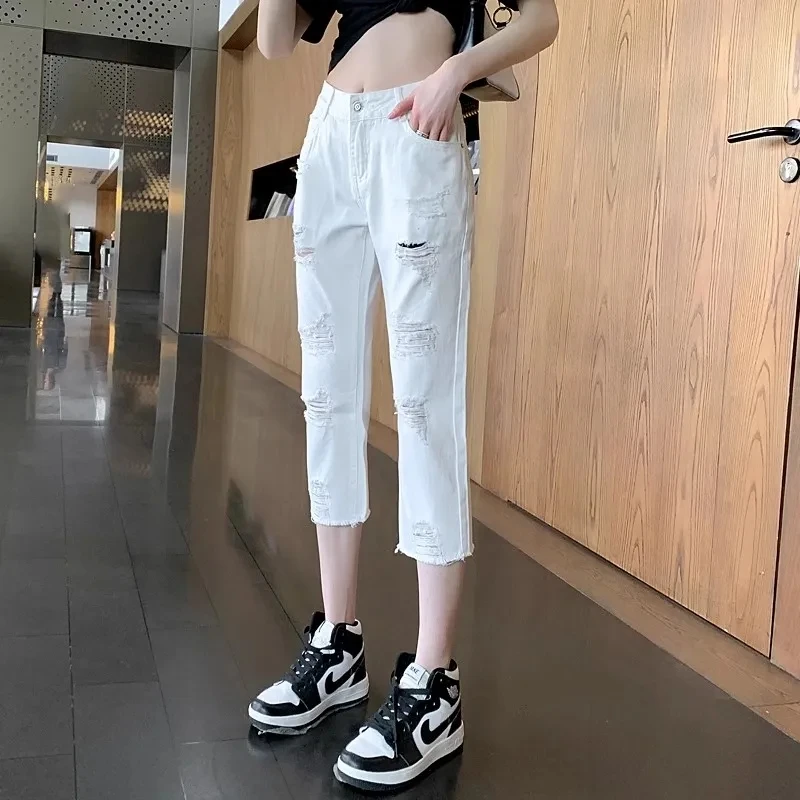 白色破洞牛仔裤女薄款2025夏秋新款高腰宽松直筒显瘦七分哈伦裤子