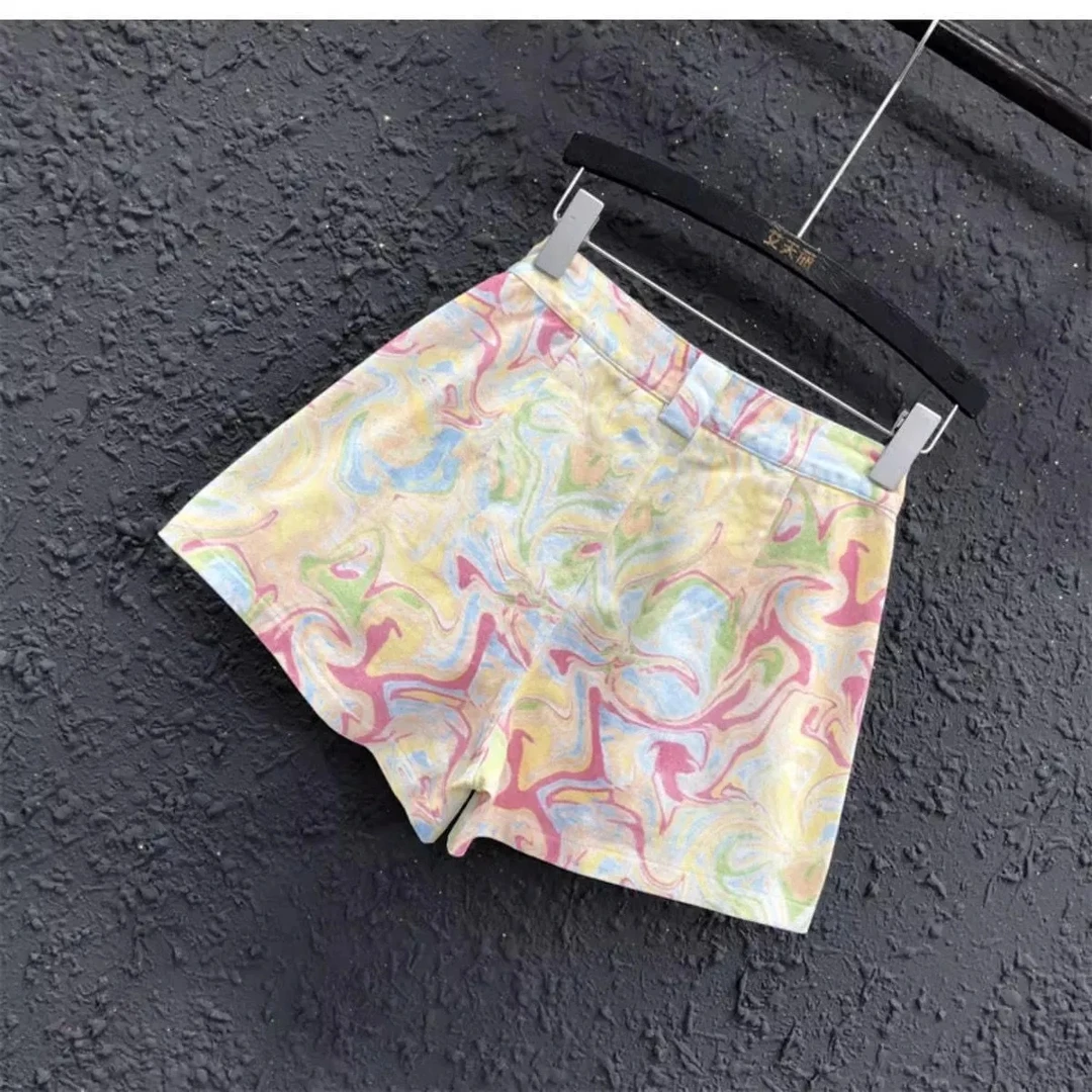 时尚夏季新款高腰牛仔短裤女百搭宽松显瘦设计感彩绘直筒中裤子潮