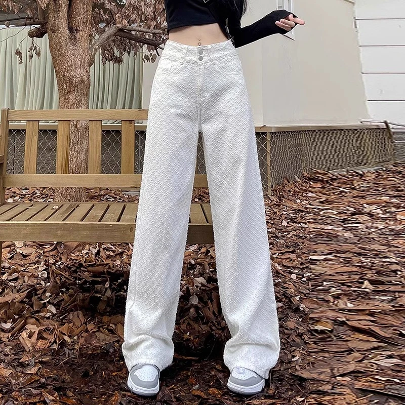 高腰显瘦小众设计感提花直筒2025春秋季新款宽松百搭白色拖地裤
