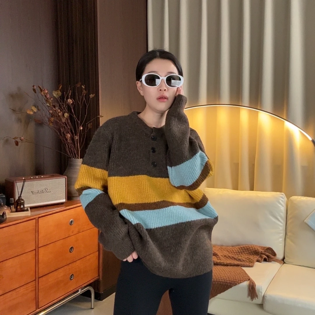 2024秋冬爆款针织长袖圆领套头毛衣百搭韩系时尚撞色毛针织衫女