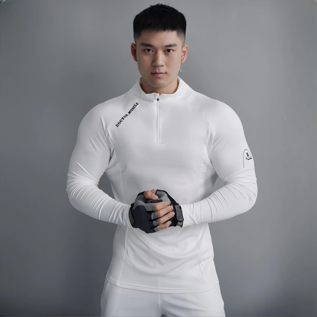 2024春季新款弹力速干紧身衣男户外运动跑步透气立领长袖半拉链衫