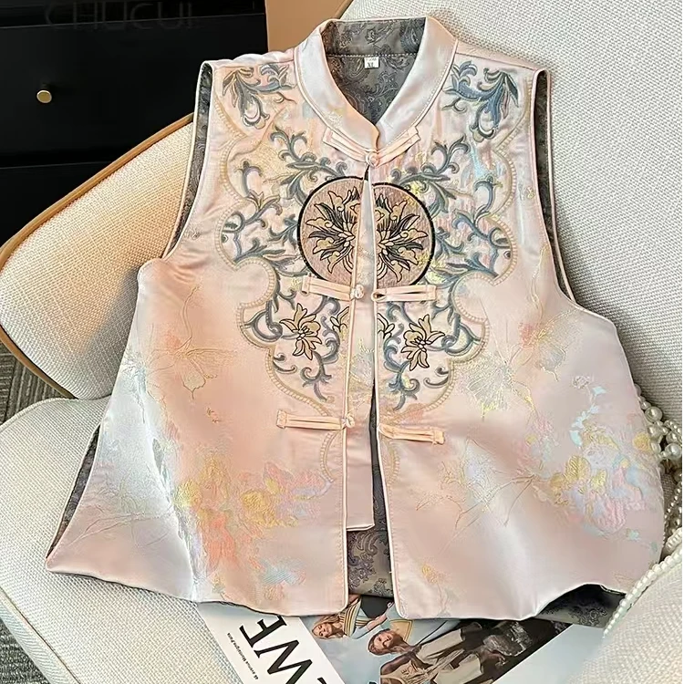 新中式国风马甲背心女夏季重工刺绣开衫上衣复古盘扣无袖坎肩马夹