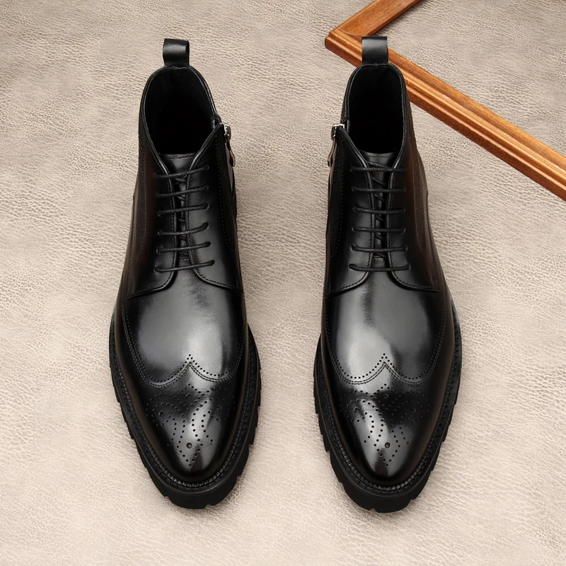 冬季加绒马丁靴男款真皮布洛克雕花厚底休闲皮鞋黑色保暖切尔西靴