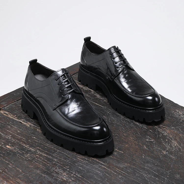 高档手抓纹时尚厚底休闲皮鞋男士真皮增高正装商务德比鞋系带婚鞋