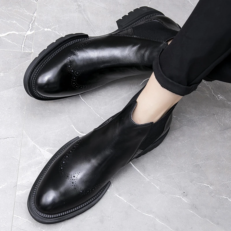 靴子男款切尔西英伦风真皮布洛克雕花高帮皮鞋潮流软底短靴马丁靴