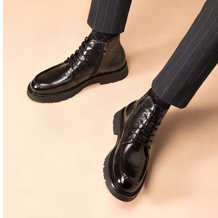 2024秋冬新款商务工装靴复古马丁靴厚底百搭机车靴厚底高帮皮靴子