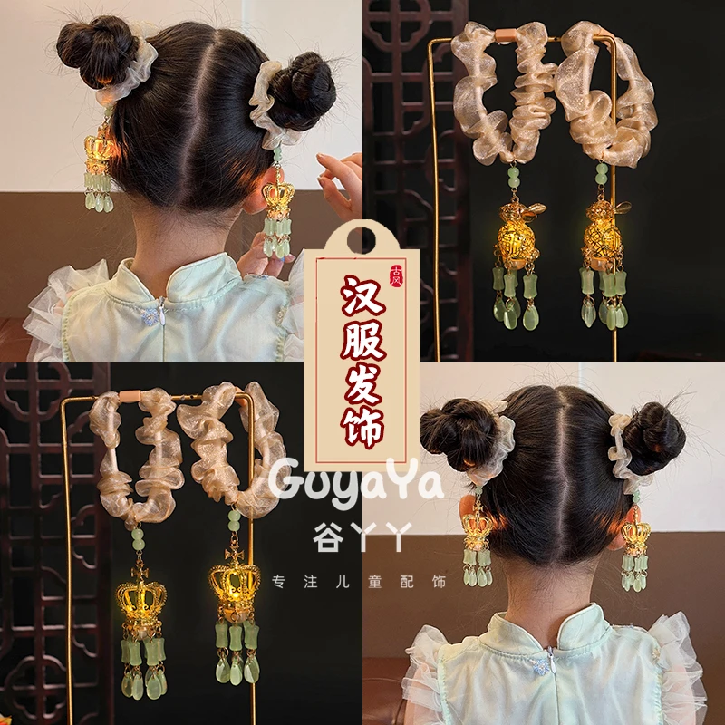 中秋儿童发光灯笼发圈女童不伤发发绳小女孩古风汉服宫灯发饰头绳