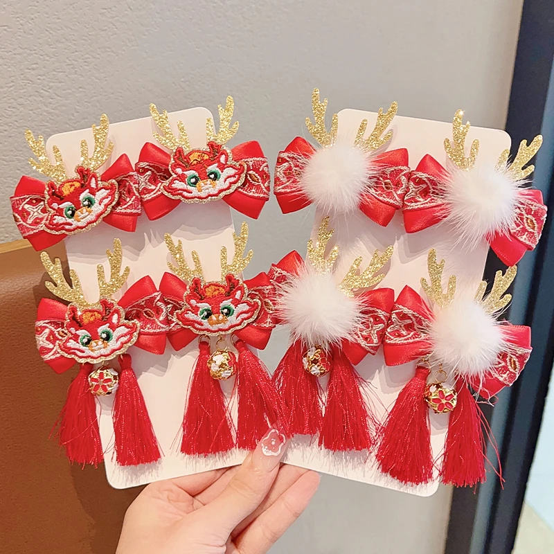 儿童新年发饰红色女孩蝴蝶结发卡女童龙年拜年发夹宝宝中国风头饰