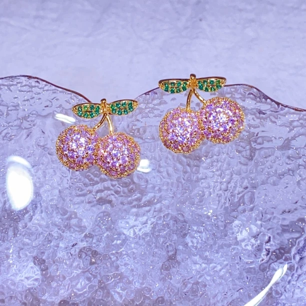 锌合金锆石耳饰 时尚轻奢小清新樱桃耳钉高级感百搭网红爆款耳环