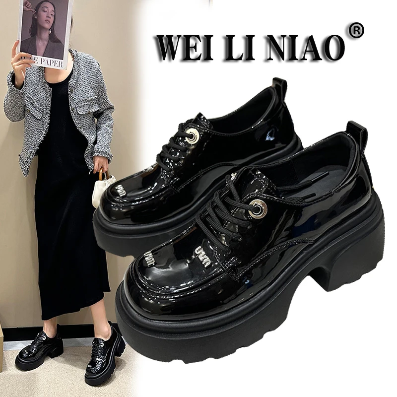 红蜻蜓牌英伦厚底增高小皮鞋女2023秋冬款黑色真皮乐福鞋系带百搭