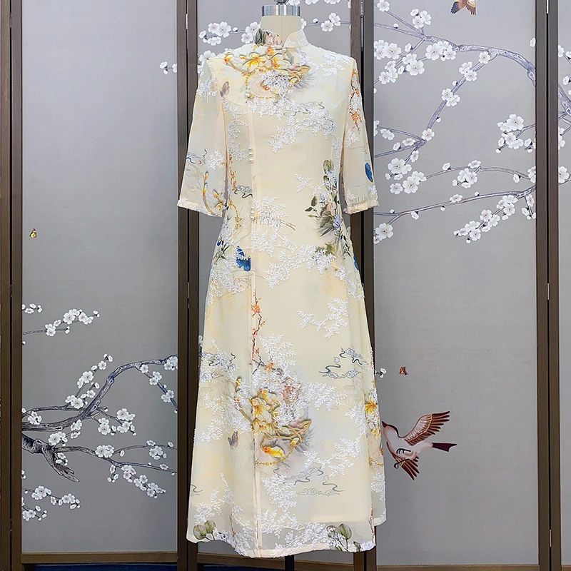 百花齐放改良遮肚中长款旗袍裙夏季日常中式显瘦修身中国风旗袍