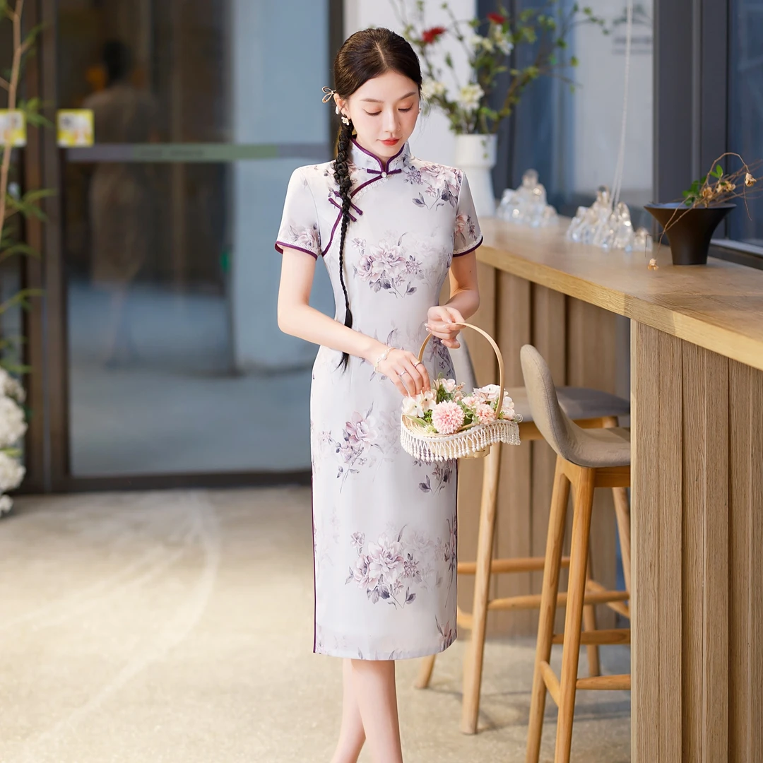 2025春夏新款淡紫色短袖复古中国风旗袍裙子优雅气质显瘦夏季