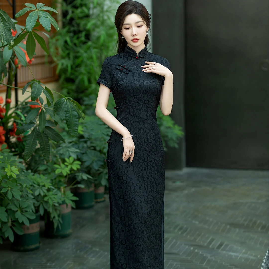 夏款喜字玫瑰中国风缎丝手工旗开得胜长款旗袍气质显瘦修身古法
