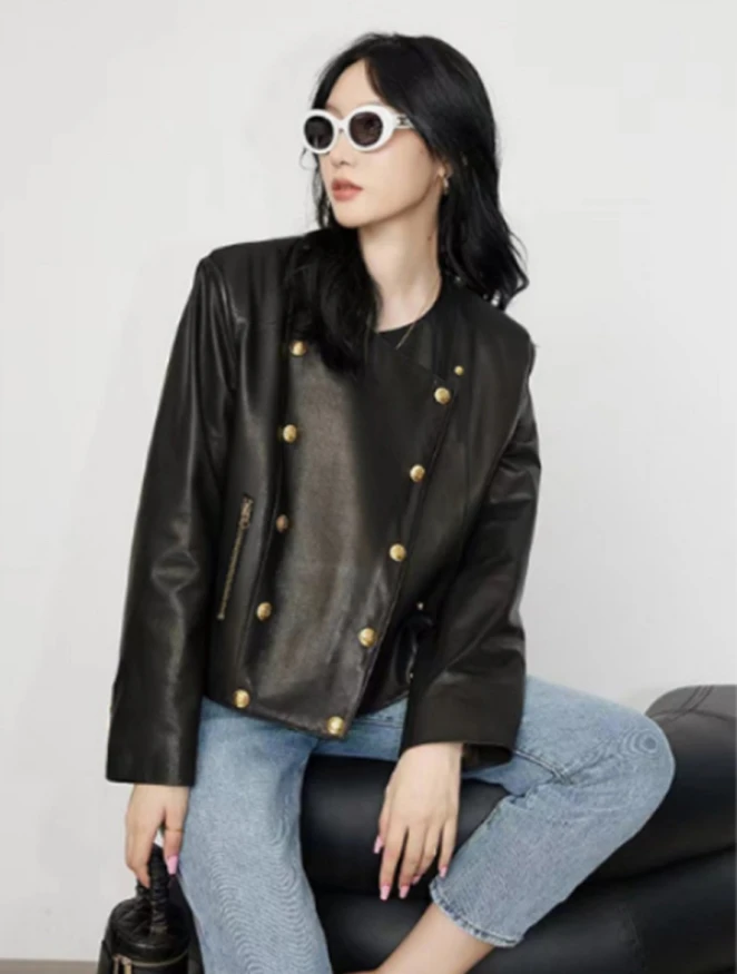 文果怡彩双排扣小香风短款皮衣外套女宽松休闲圆领夹克