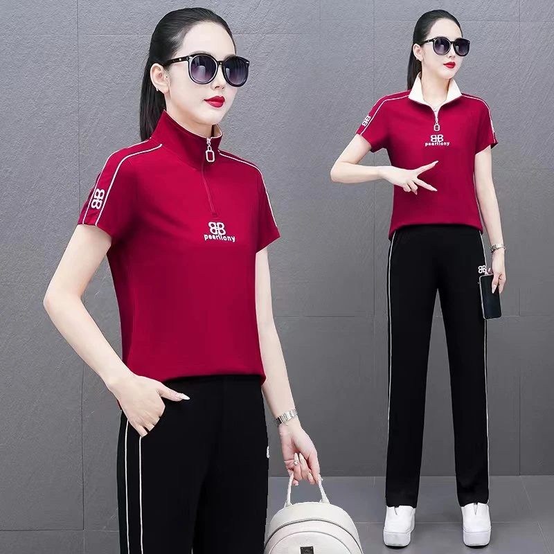 6865夏季立领优雅妈妈广场舞两件套运动套装夏季短袖运动套装女夏