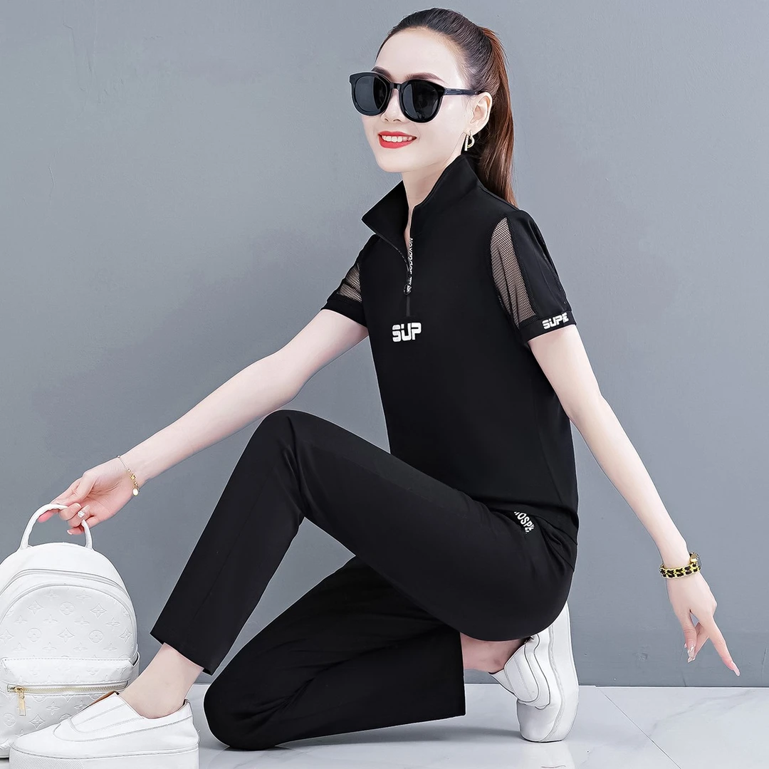 7170夏季显瘦长裤洋气网纱妈妈中老年广场舞夏天两件套运动套装