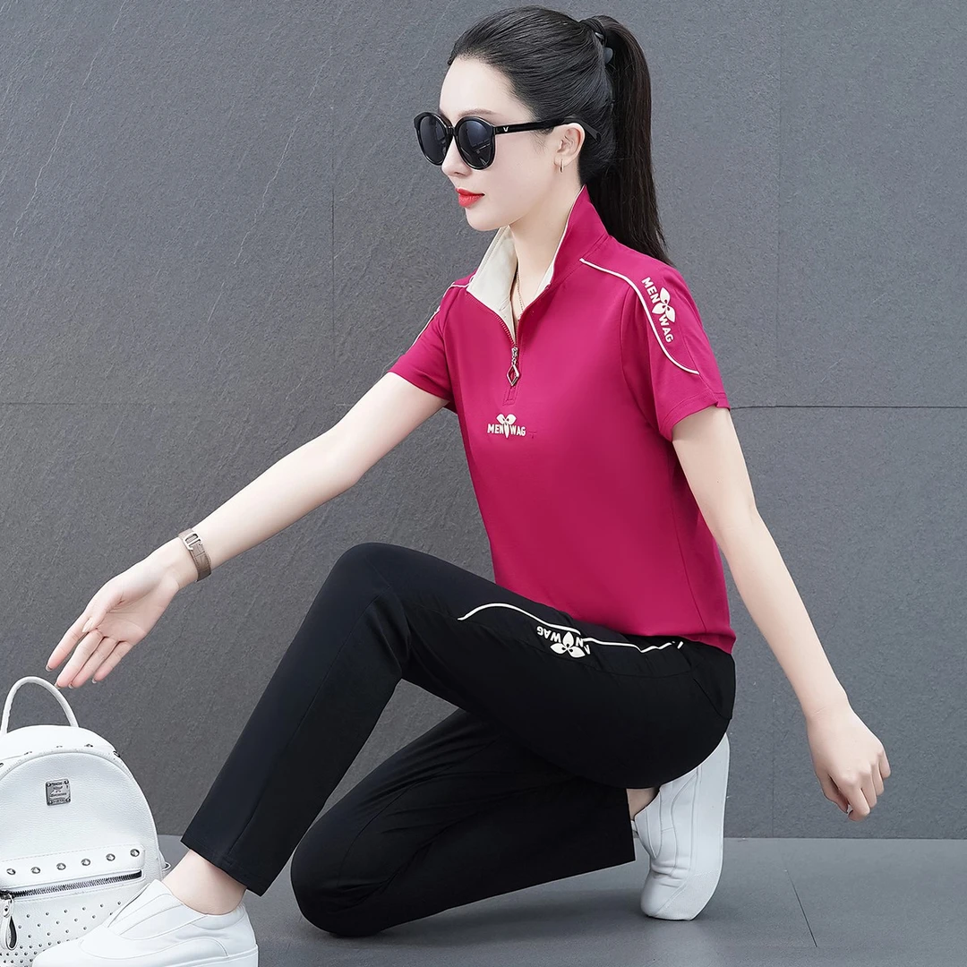 7158夏季显瘦立领洋气优雅妈妈中老年广场舞两件套运动套装女士