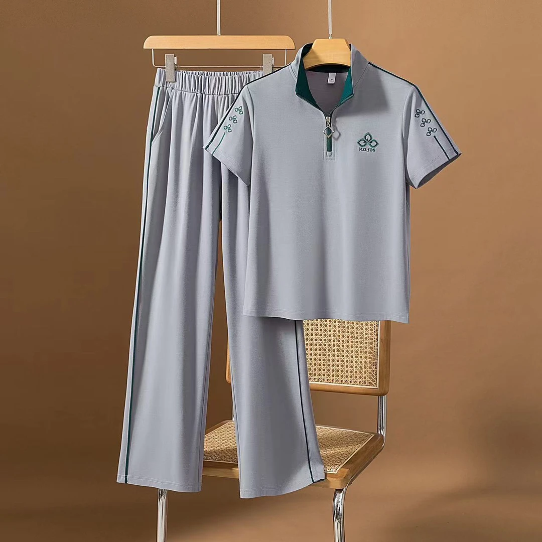 7938夏季大码时尚优雅妈妈装广场舞两件套运动装短袖运动套装女夏