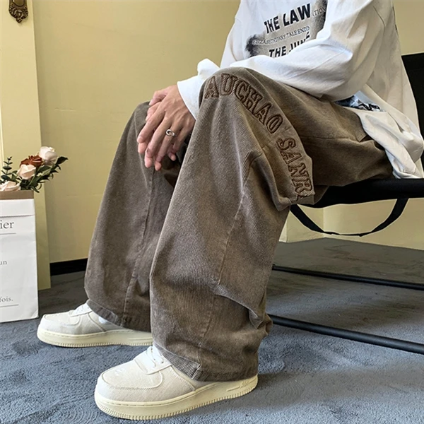 【秋冬上新款】美式复古刺绣灯芯绒裤子男加绒加厚宽松直筒秋冬季
